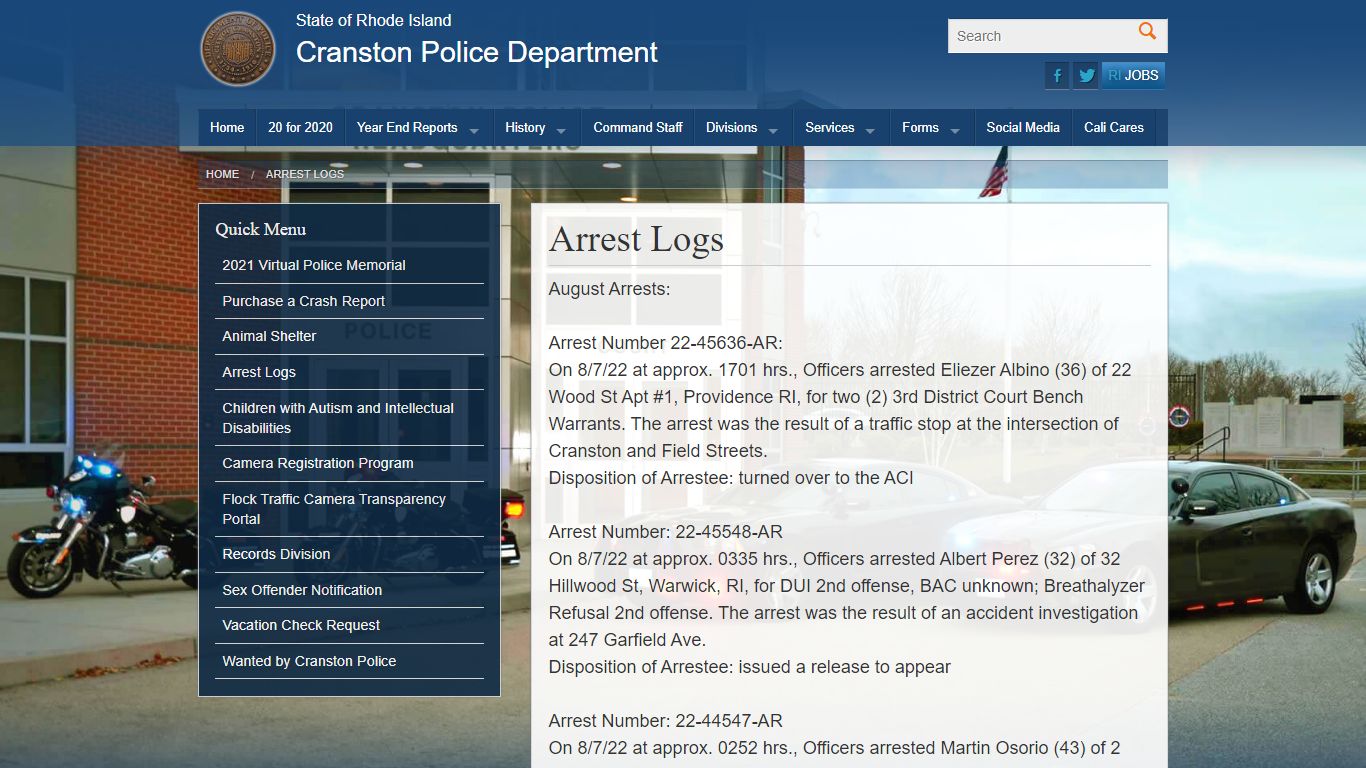 Arrest Logs- Rhode Island -Cranston Police Department